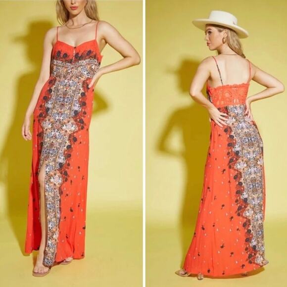 Free People Morning Song Red Floral Paisley Printed Button Lace Maxi Dress XS - Picture 11 of 16